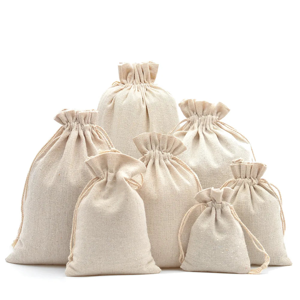 10-Pack Cotton Linen Drawstring Bags - Versatile Burlap Pouches for Weddings, Christmas, Jewelry, and More!