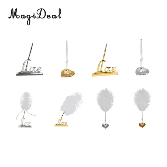 MagiDeal Wedding Party Guest Book Signing Pen Love Heart   Feather Quill Sign Holder Table Decor