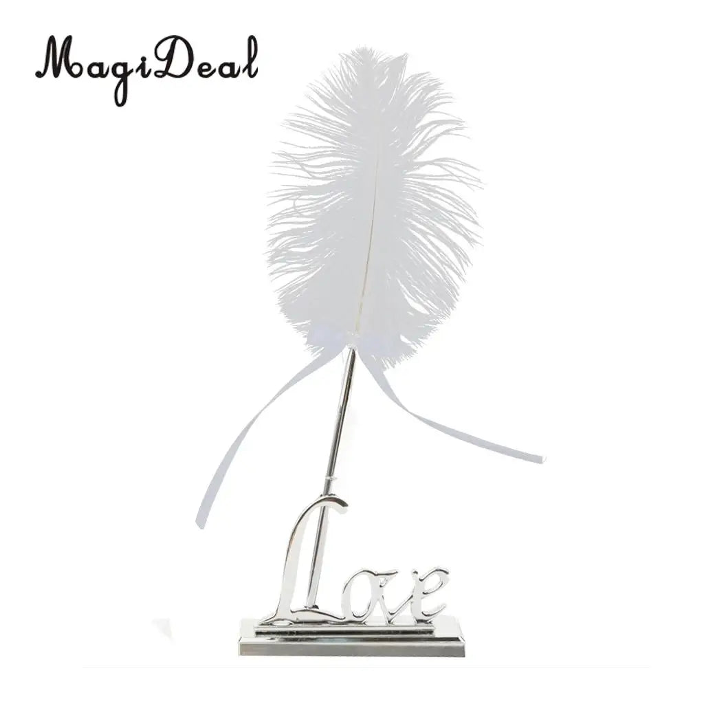 MagiDeal Wedding Party Guest Book Signing Pen Love Heart   Feather Quill Sign Holder Table Decor