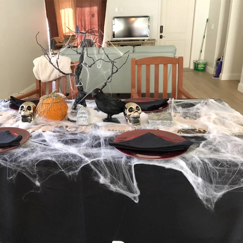 Stretchable White Cobweb Halloween Spider Web for Scary Party Decorations and Horror-Themed Home Accessories