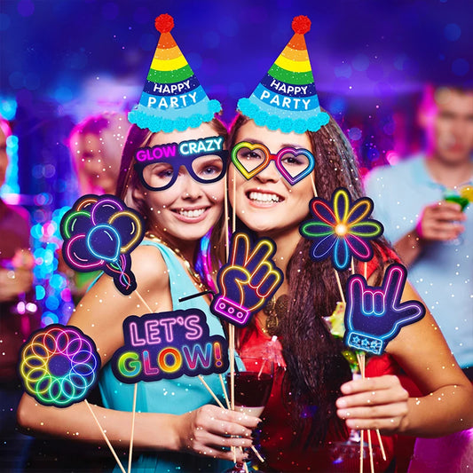 Neon Glow Photo Booth Props Set for a Radiant Party Experience