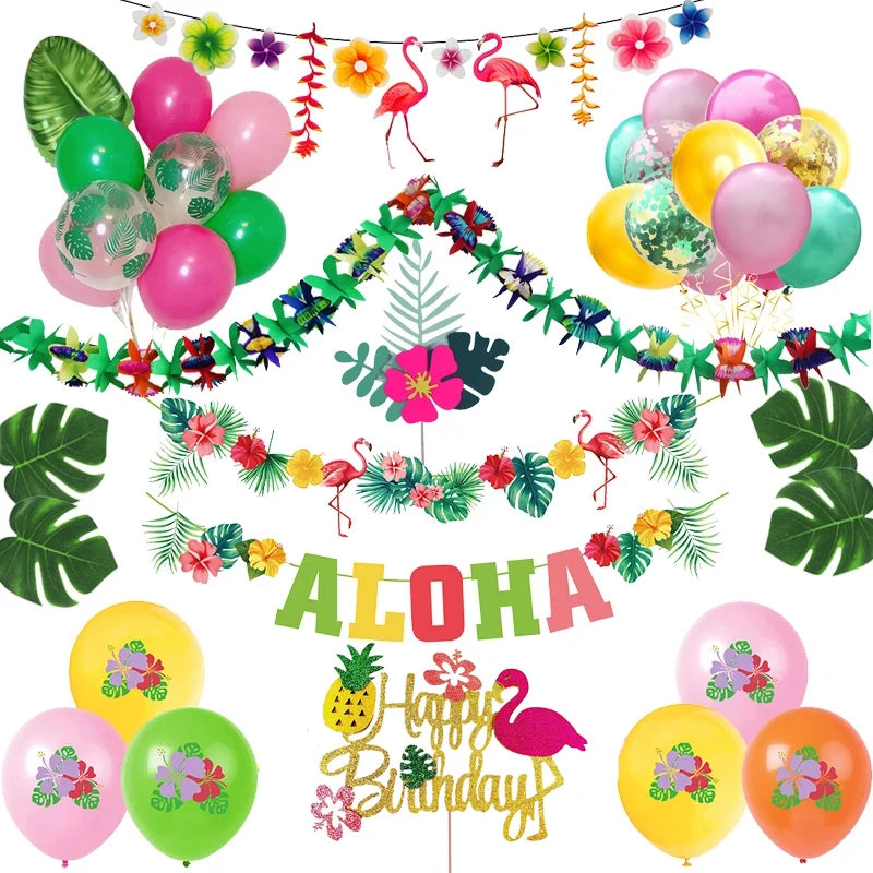 Tropical Luau Celebration Kit - Flamingo Garlands, Banner, and Balloons for a Festive Party Atmosphere