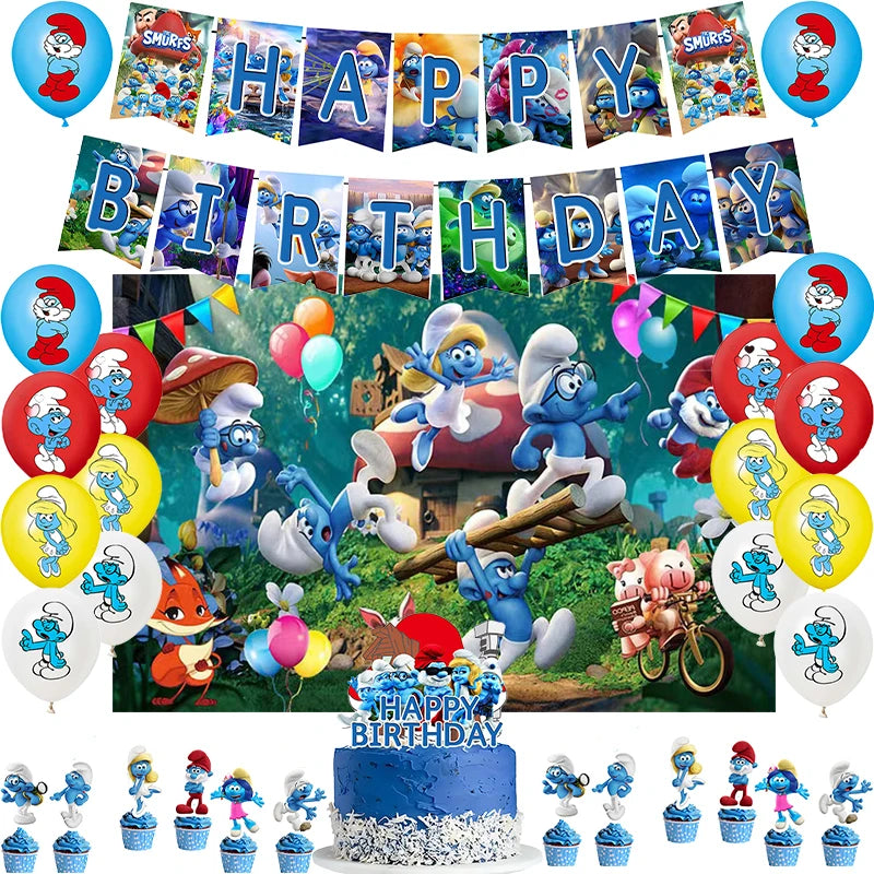 Smurf Themed Party Decor Set with Balloons, Banner, Backdrop, Cake Topper - Ideal for Baby Showers and Birthdays