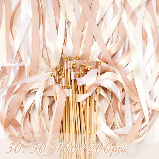 30-200PCS Wedding Favors Silk Ribbon Wands Mix Color Fairy Sticks Party Props Champagne Streamers With Bells Baby Showers Decor