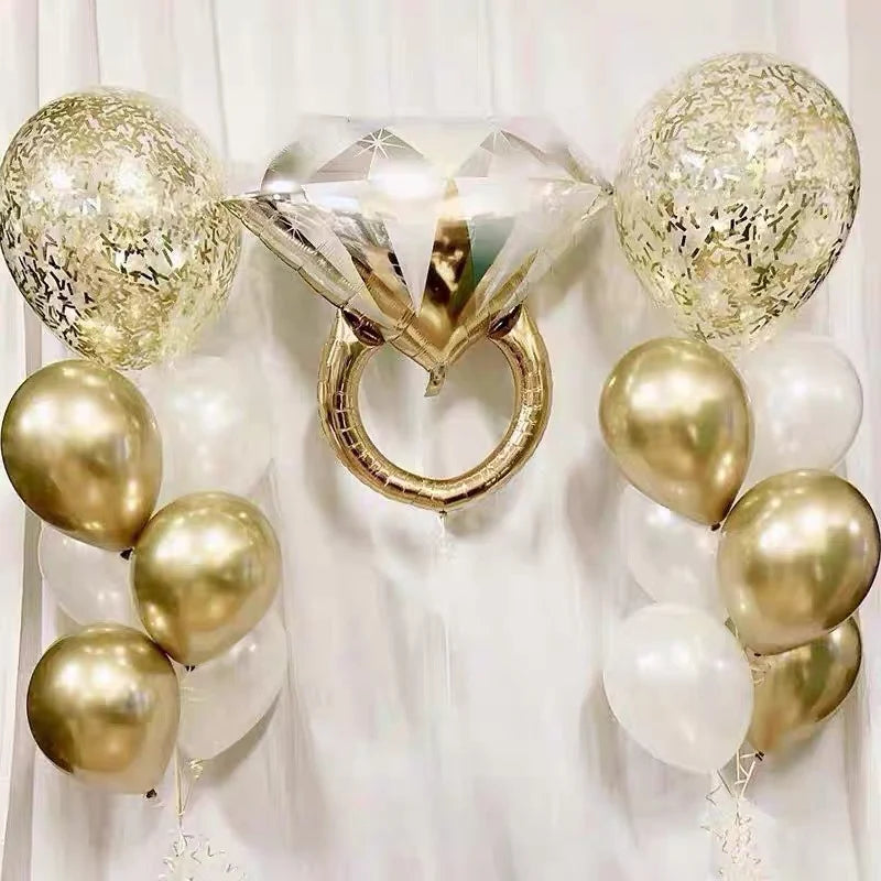 18Inch Round Flash Gold White Balloon Mr & Mrs LOVE Rose Gold Diamond Ring Foil Balloon Bridal Wedding Valentine's Day Nitrogen