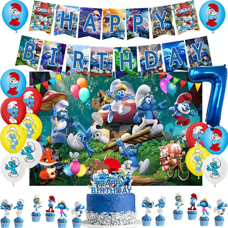 Smurf Themed Party Decor Set with Balloons, Banner, Backdrop, Cake Topper - Ideal for Baby Showers and Birthdays