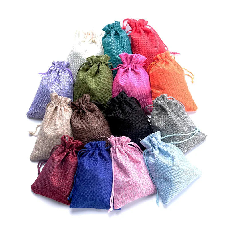 50pc/lot 7x9 9x12 10x14 13x18 15x20cm Jute gift Bags handmade natural Pouch Cotton Linen Gift Packaging Bags Jewelry Storage Bag