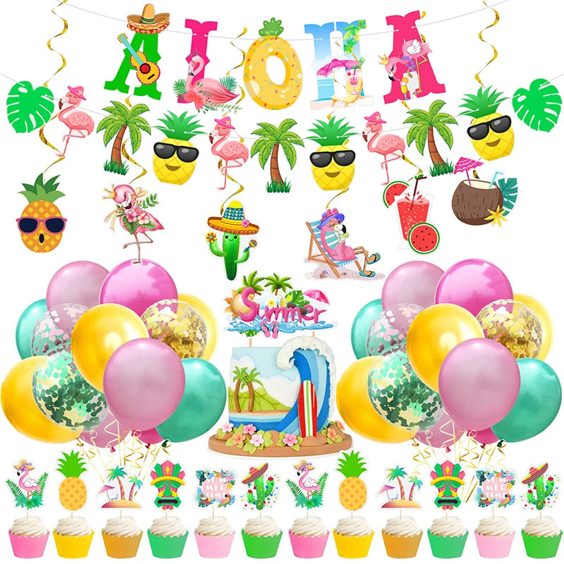 Tropical Luau Celebration Kit - Flamingo Garlands, Banner, and Balloons for a Festive Party Atmosphere