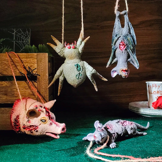 Spooky Halloween Hanging Decorations - Scary Bloodied Mouse, Bat, Spider, and Haunted House Props