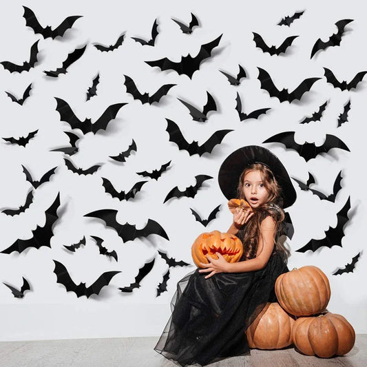 48-Piece 3D Black PVC Bat Decor for Halloween Parties - DIY Wall Stickers for Spooky Room Decorations and Props