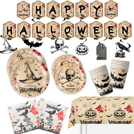 Spooky Halloween Party Decor: Bat and Skull Paper Cups, Plates, Straws, and Banners for Scary Celebrations