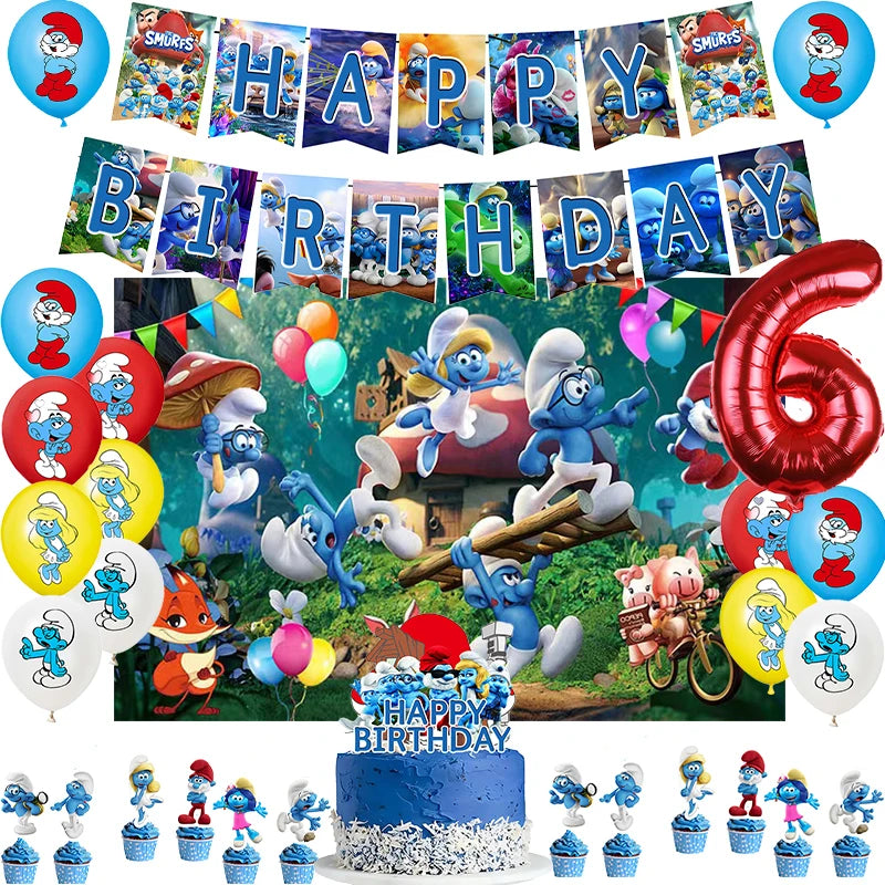 Smurf Themed Party Decor Set with Balloons, Banner, Backdrop, Cake Topper - Ideal for Baby Showers and Birthdays