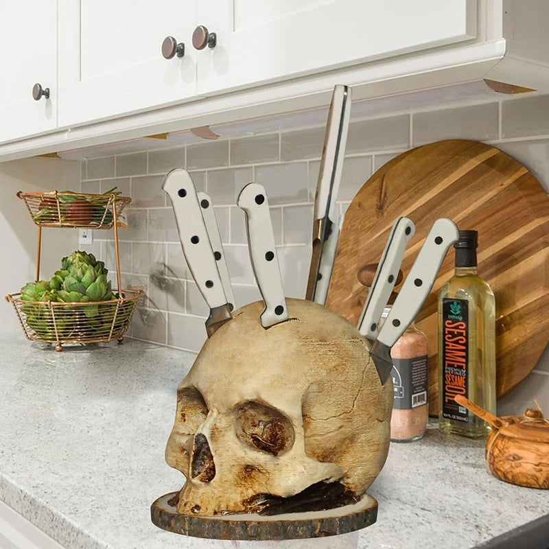 Gothic Skull Knife Stand - Unique Resin Kitchen Storage Rack for Scary Decor and Gifts