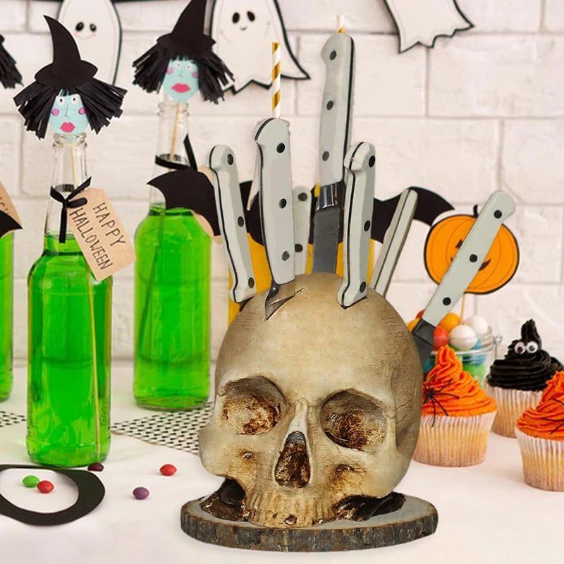 Gothic Skull Knife Stand - Unique Resin Kitchen Storage Rack for Scary Decor and Gifts