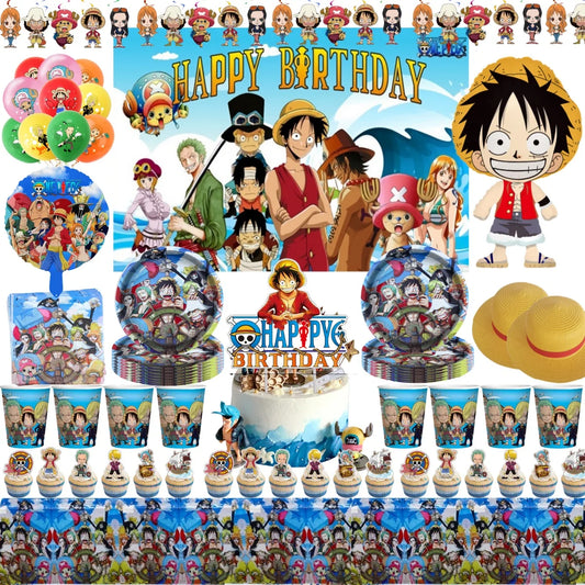 Luffy Zoro One Piece Birthday Party Supplies Set for Boys - Disposable Tableware, Tablecloth, Cups, Plates, Balloons, Baby Shower Decor