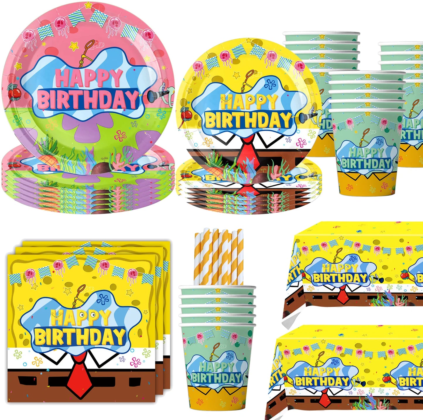 Sponge-Bob Themed Party Supplies Set for Kids' Birthday Celebration