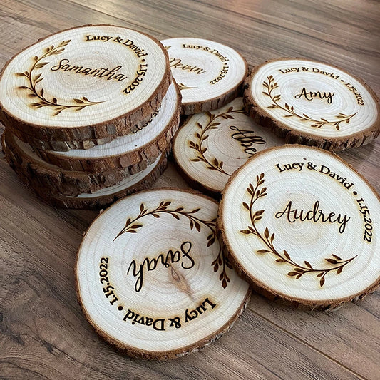 Custom Wedding Wood Coaster Set Slice Wedding Favor Laser Engraved With Couple's Names Wedding Date Guest Name Christmas Present