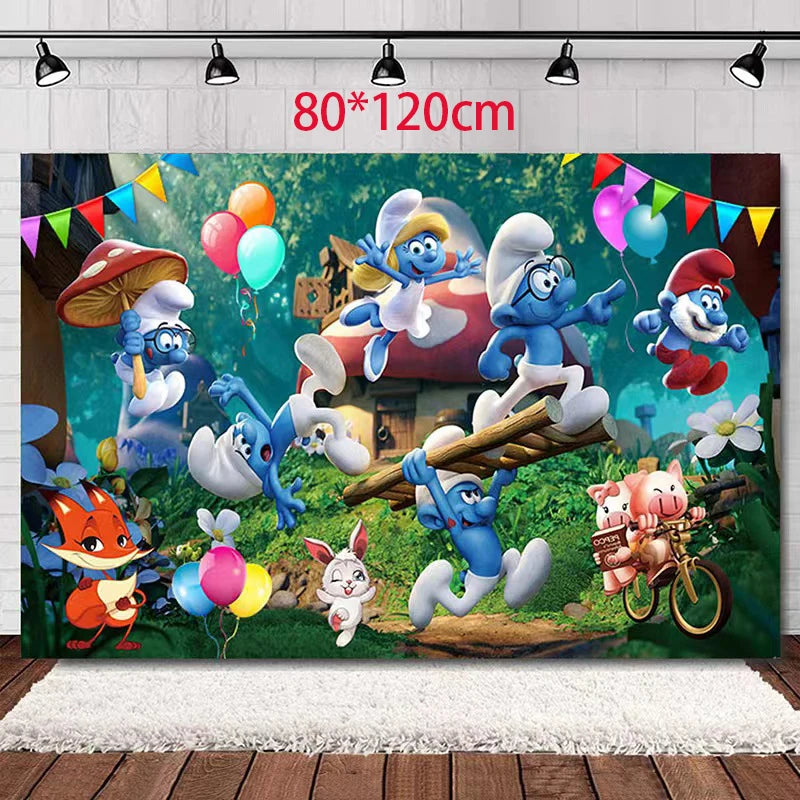 Smurf Themed Party Decor Set with Balloons, Banner, Backdrop, Cake Topper - Ideal for Baby Showers and Birthdays