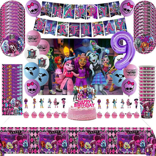 Monster High Themed Party Decor Set - Balloons, Banner, Cake Topper, Tableware & More