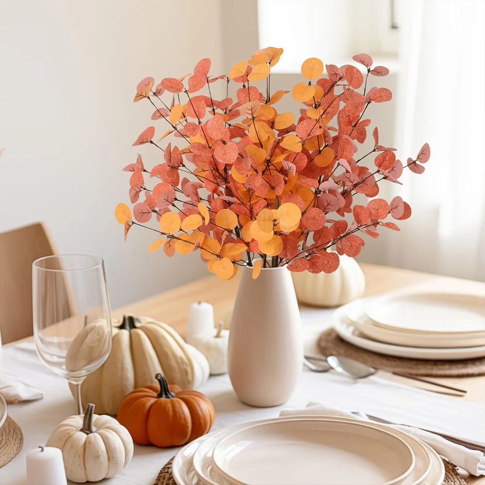 1Pc Artificial Fall Eucalyptus Leaves Stem Branch for Home Wedding Table Thanksgiving Decoration Autumn Decor Artificial Flowers