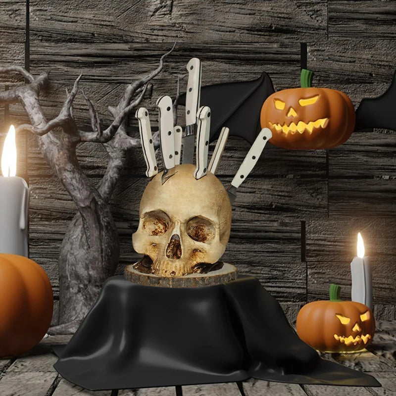 Gothic Skull Knife Stand - Unique Resin Kitchen Storage Rack for Scary Decor and Gifts