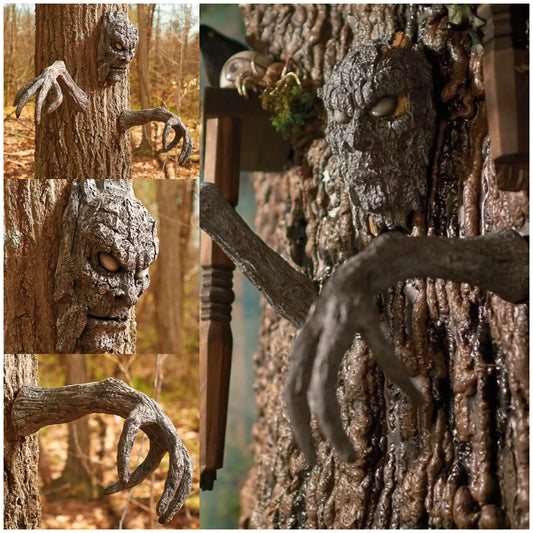 Spooky Tree Hugging Ghost Face Bark Sculpture for Halloween Decoration