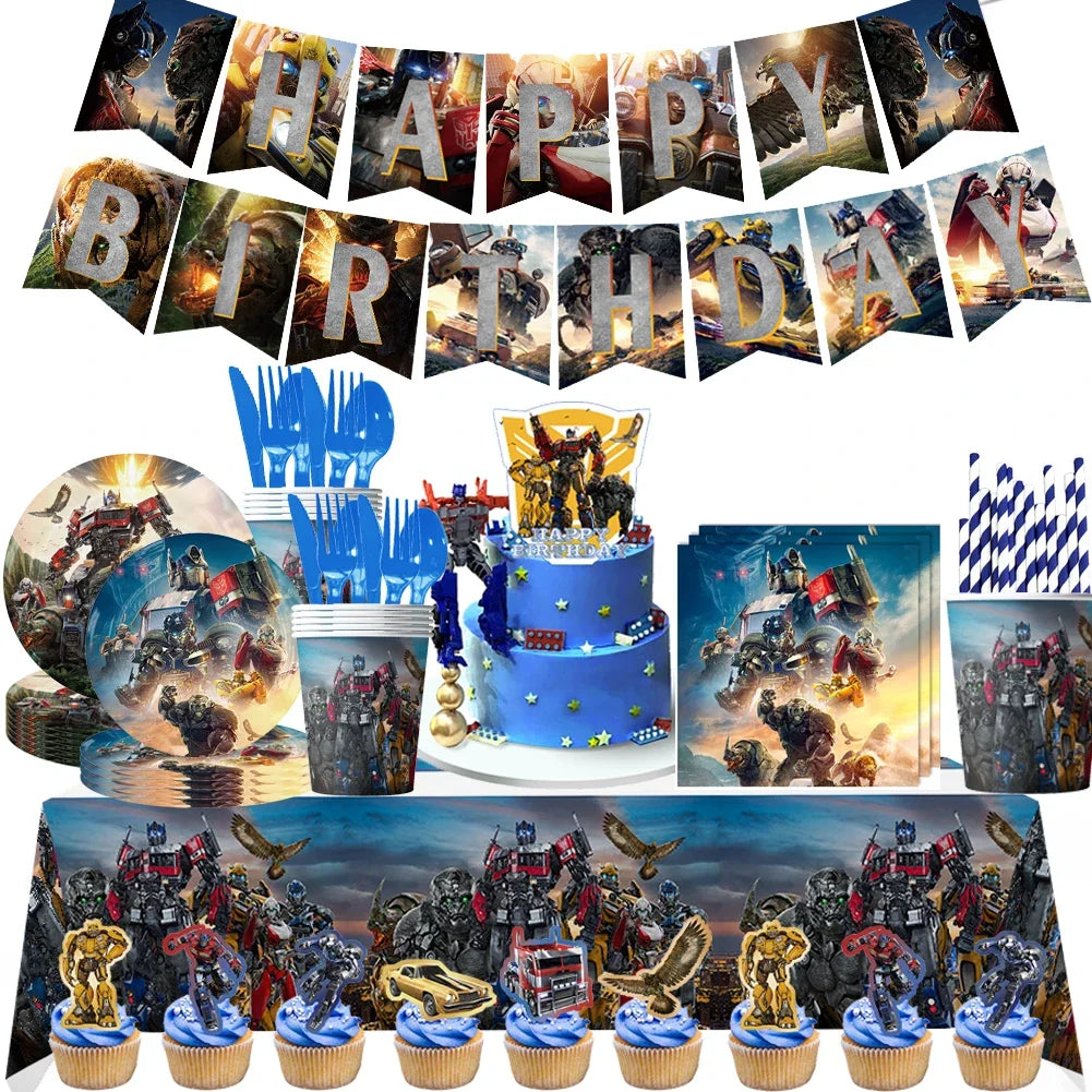 Transformers Robot Themed Birthday Party Supplies Kit for Boys - Decorations, Balloons, Tableware, Backdrop